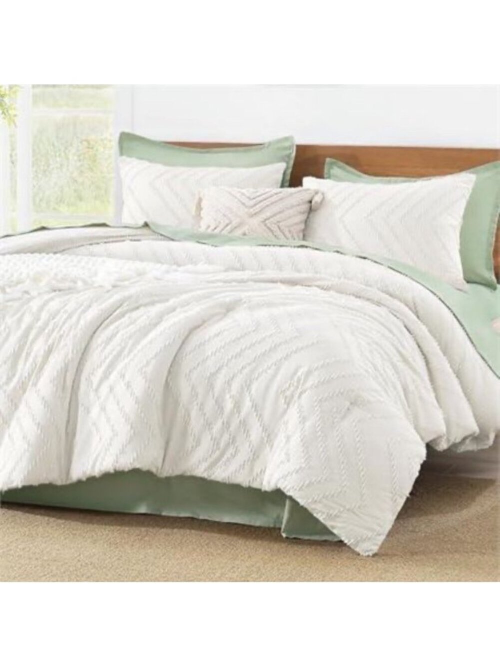 Chevron Textured 3-Piece Queen Bedding Set In White & Green With Comforter & Sha